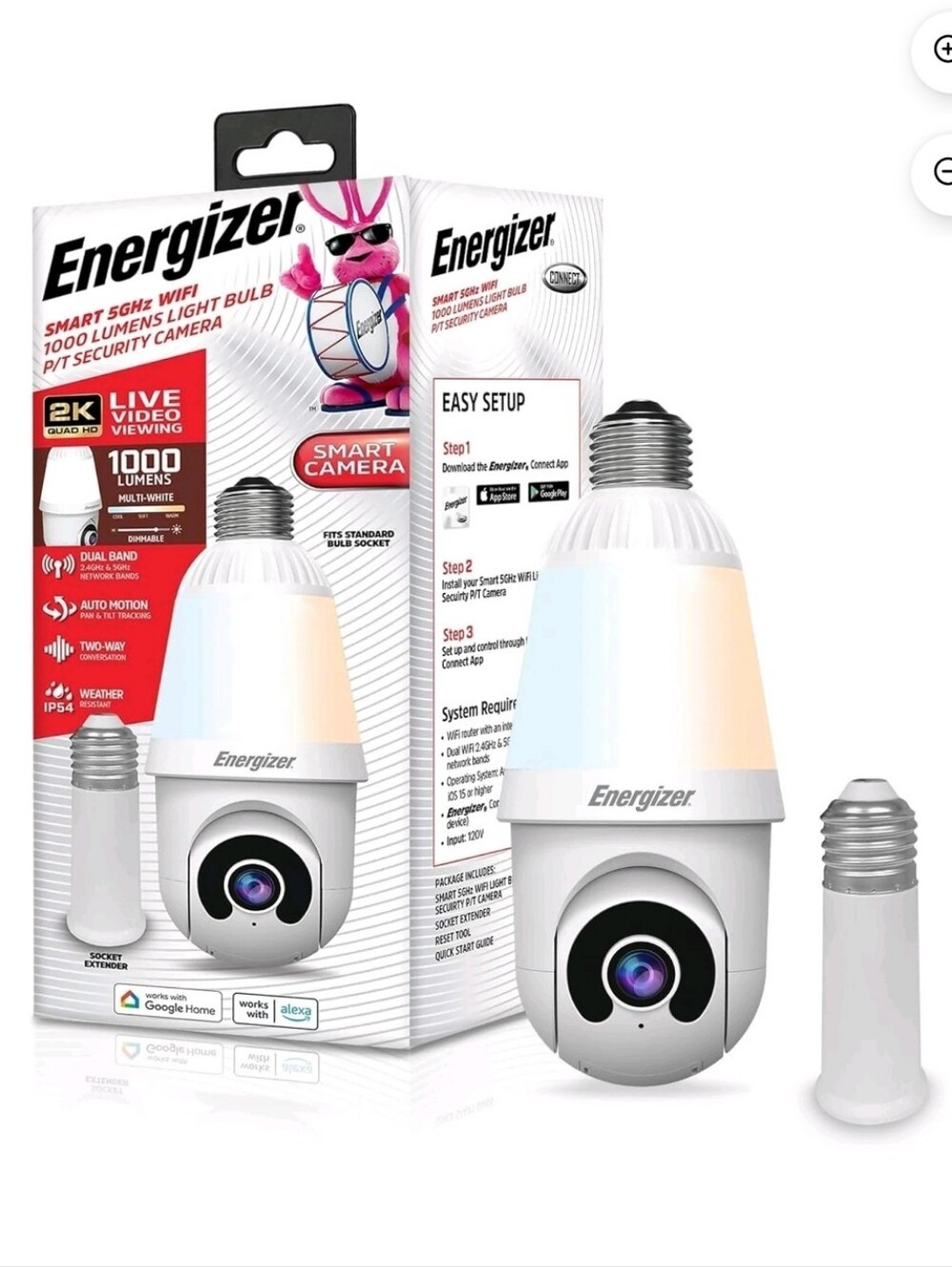 Energizer White Smart WiFi Light Bulb Security Camera — 1000 Lumens. New In Box.